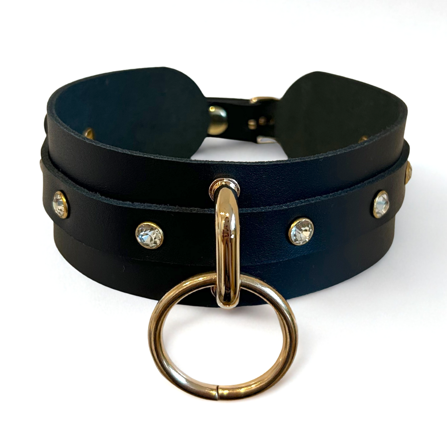 Bijou - Skórzana Obroża Damska z Cyrkoniami i Kołem