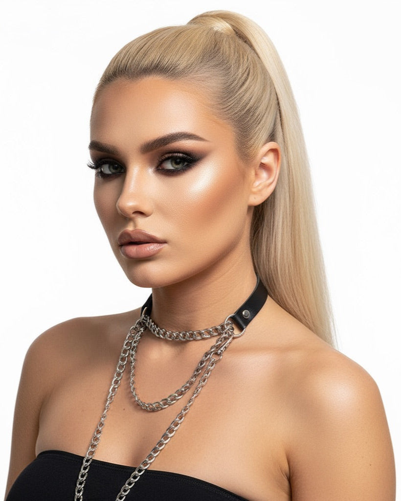 Schwarzes Lederchoker mit Umhängekette – Unisex