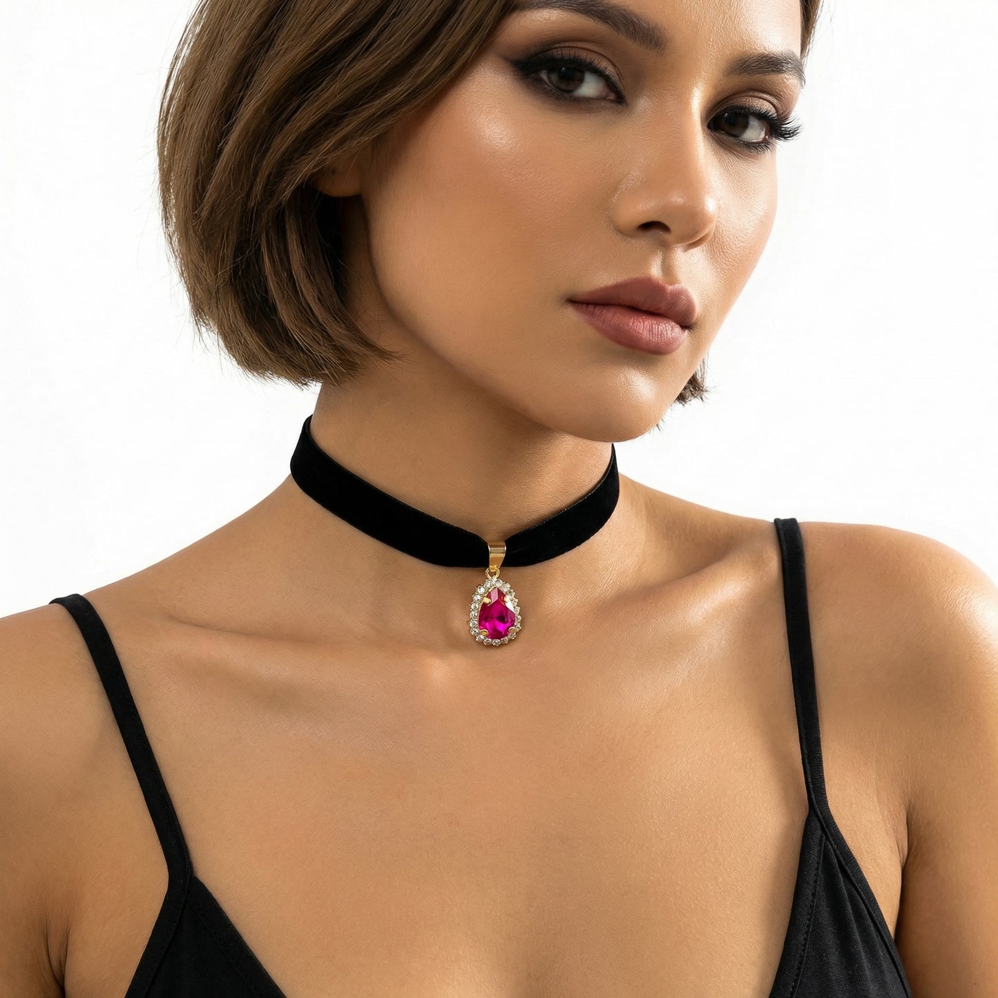 Aksamitka Czarna - Choker na Szyję z Łezką - Hot Pink