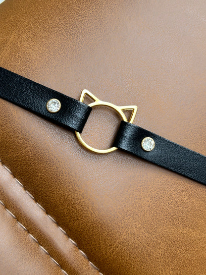 Leather Black Choker Neck with Zircons and Cat 