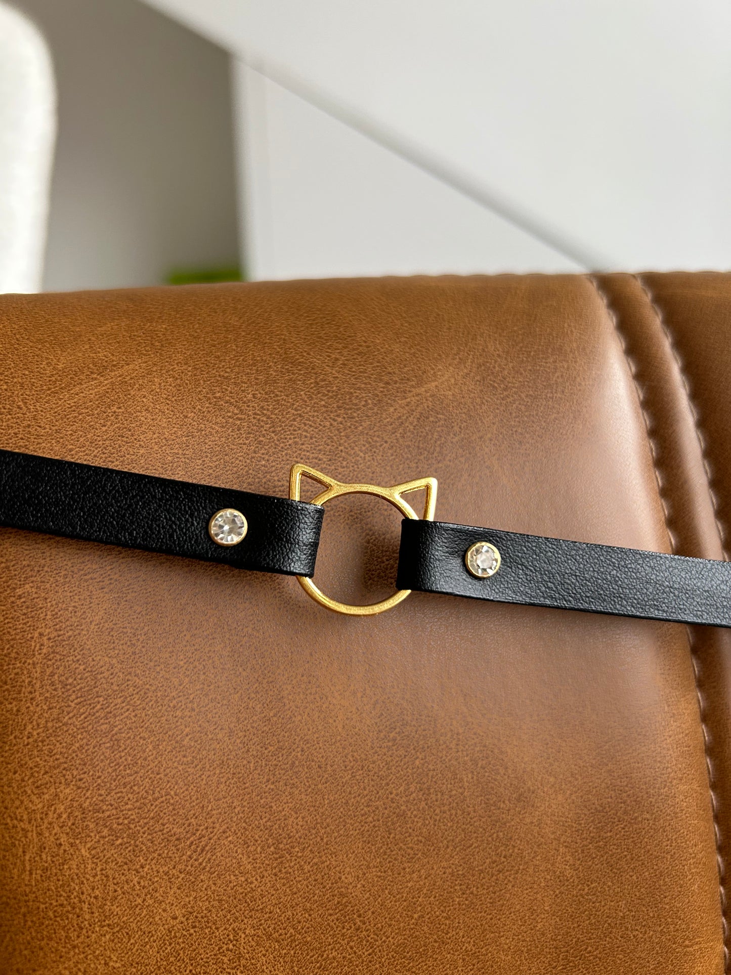 Leather Black Choker Neck with Zircons and Cat 