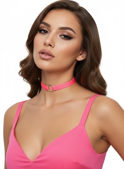 Choker z Metalowym Kółkiem - Pink Neon - Selfish