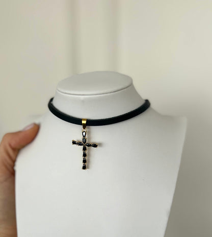 Skórzany Rzemień Choker na Szyję z Zawieszką - Krzyż Duży Czarny