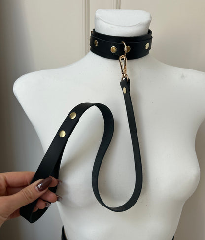 Skórzany Czarny Choker ze Smyczą - Unisex