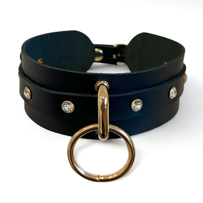 Bijou - Skórzana Obroża Damska z Cyrkoniami i Kołem