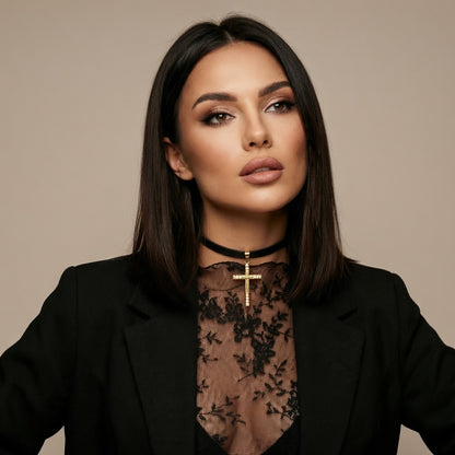 Skórzany Rzemień Choker na Szyję z Zawieszką - Krzyż Duży