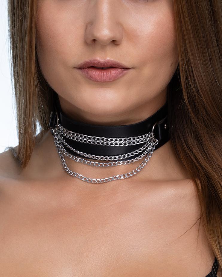 Leather Collar With Spikes - Double Row