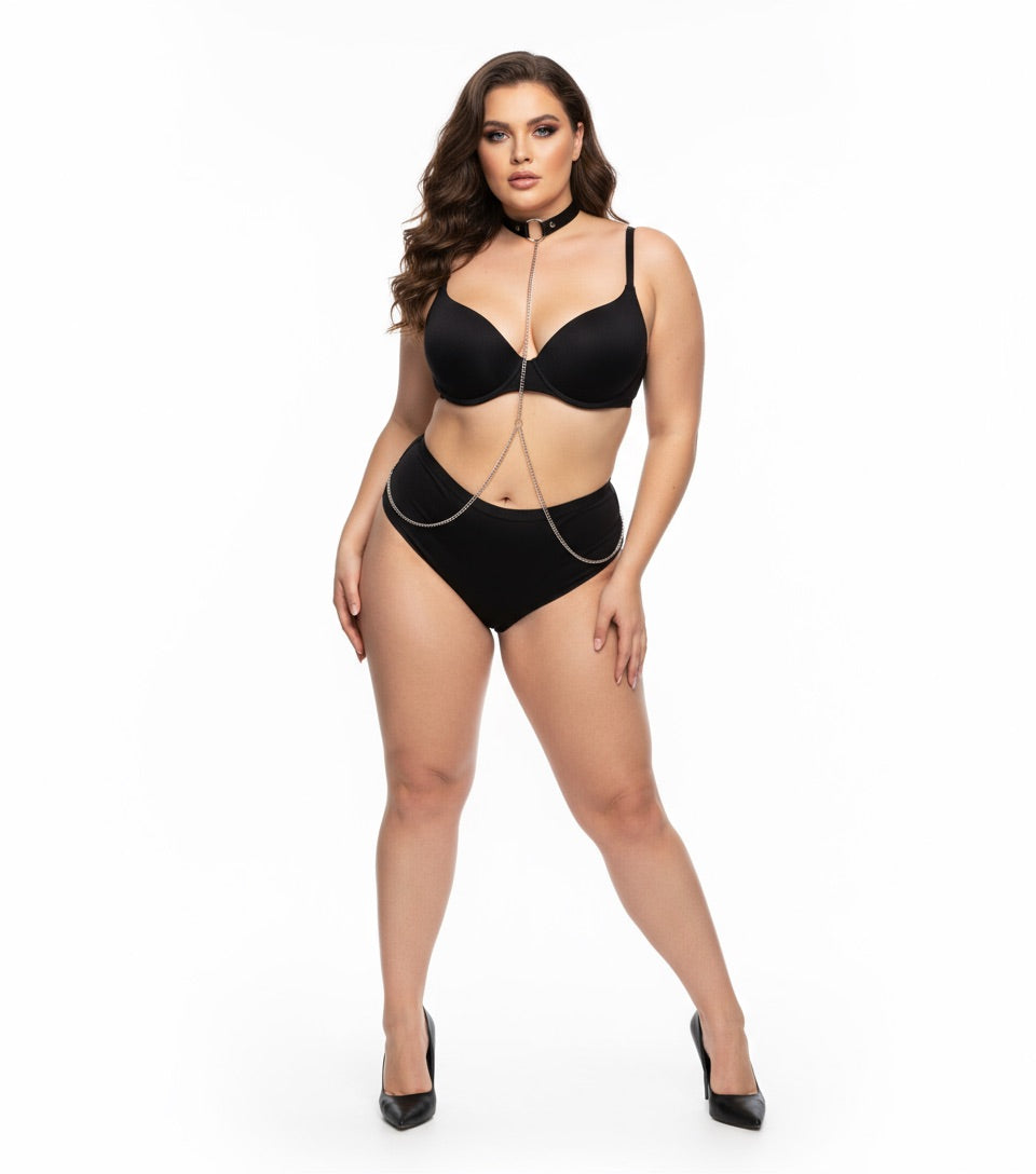 Skórzany Czarny Choker z Łańcuszkiem a'la Smycz - Selfish