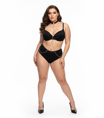 Skórzany Czarny Choker z Łańcuszkiem a'la Smycz - Selfish