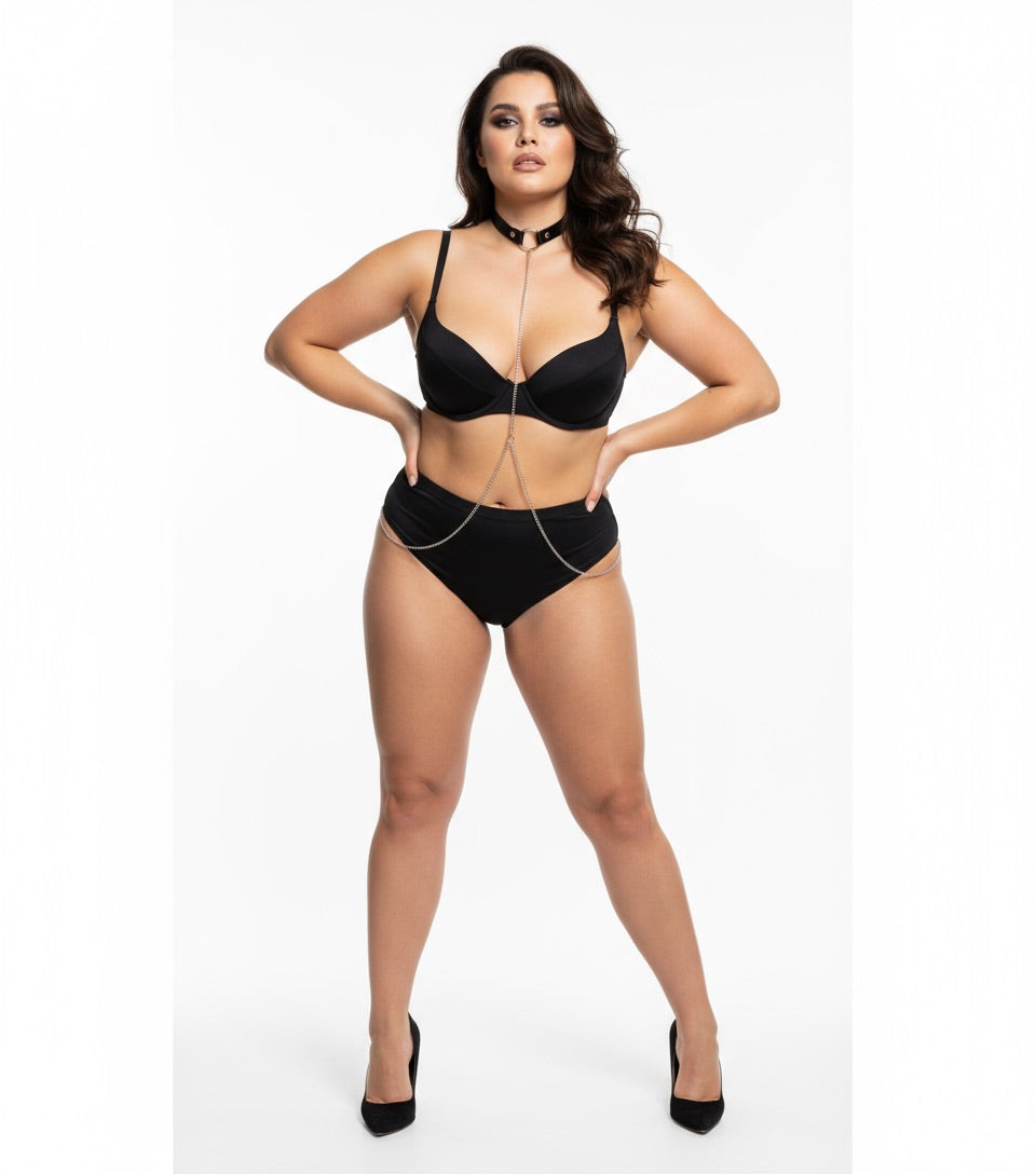 Skórzany Czarny Choker z Łańcuszkiem a'la Smycz - Selfish