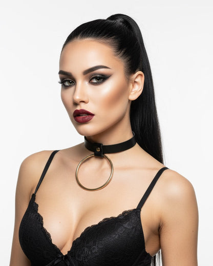 Skórzany Czarny Choker Na Szyję z Dużym Kołem - Selfish