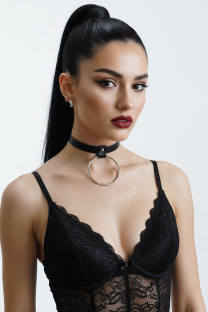 Skórzany Czarny Choker Na Szyję z Dużym Kołem - Selfish