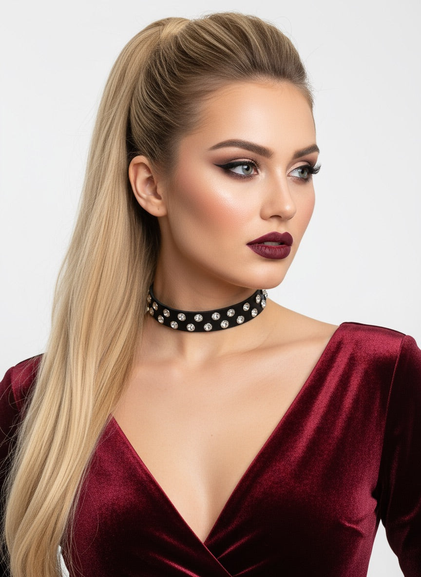 Skórzany Czarny Choker Na Szyję Naszyjnik z Cyrkoniami - Szeroki - Selfish