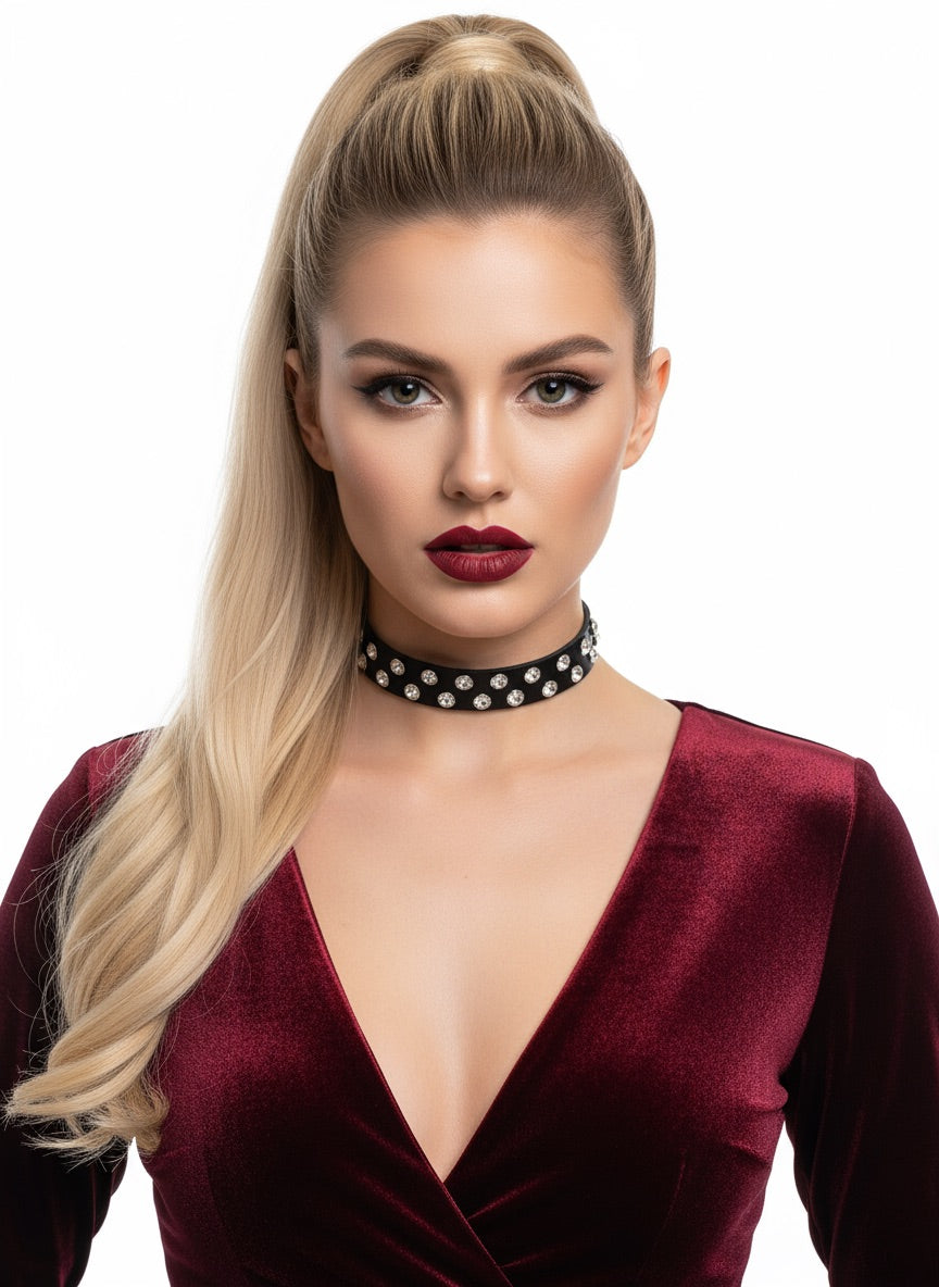 Skórzany Czarny Choker Na Szyję Naszyjnik z Cyrkoniami - Szeroki - Selfish