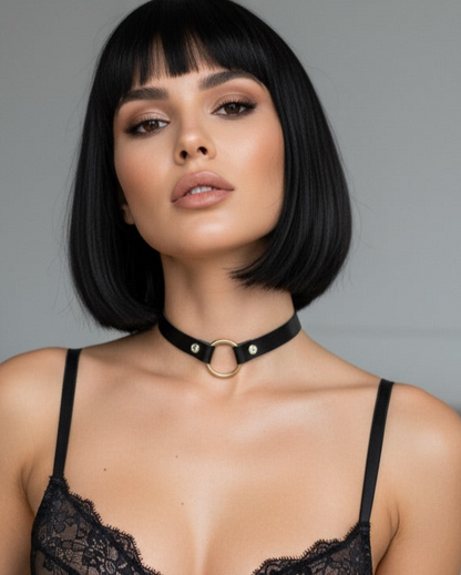 Skórzany Czarny Choker Na Szyję z Cyrkonią i Kółkiem - No. 02 - Selfish