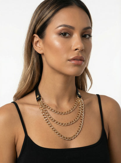 Skórzany Czarny Choker ze Smyczą Łańcuchem - Unisex
