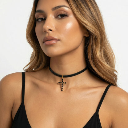 Skórzany Rzemień Choker na Szyję z Zawieszką - Krzyż Duży Czarny