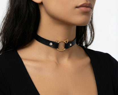 Skórzany Czarny Choker Na Szyję z Cyrkoniami i Kotkiem