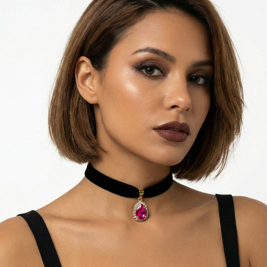 Aksamitka Czarna - Choker na Szyję z Łezką - Hot Pink