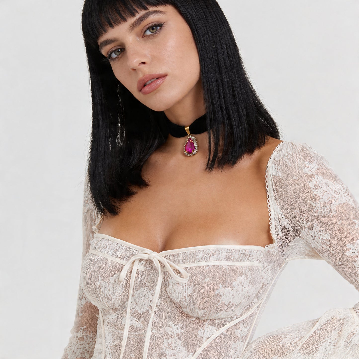 Aksamitka Czarna - Choker na Szyję z Łezką - Hot Pink