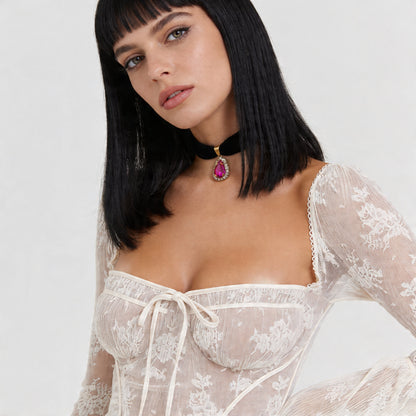 Aksamitka Czarna - Choker na Szyję z Łezką - Hot Pink