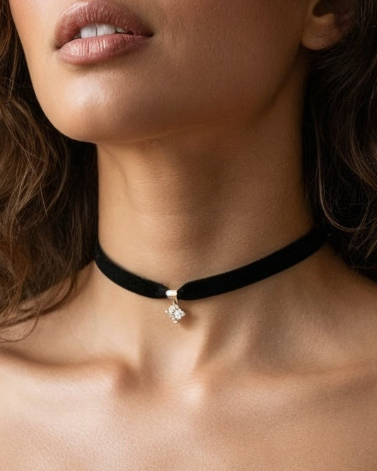 Aksamitka Czarna - Choker na Szyję z Zawieszką z Cyrkonią