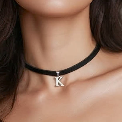 Zwarte leren choker met hanger - Letter - Zilver