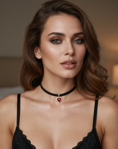 Zwarte leren halsketting met hanger - zilverrood hart met kubieke zirkonia