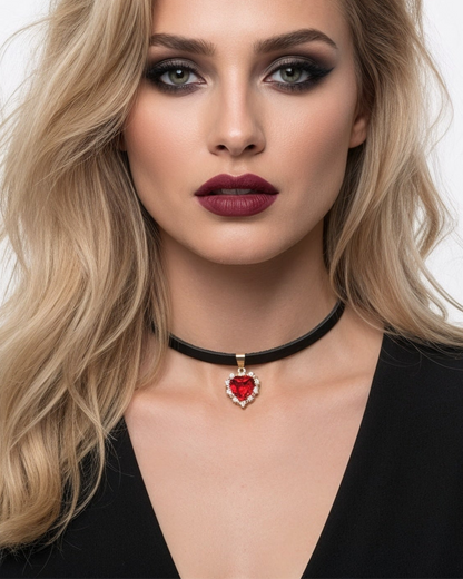 Zwarte leren halsketting met hanger - zilverrood hart met kubieke zirkonia