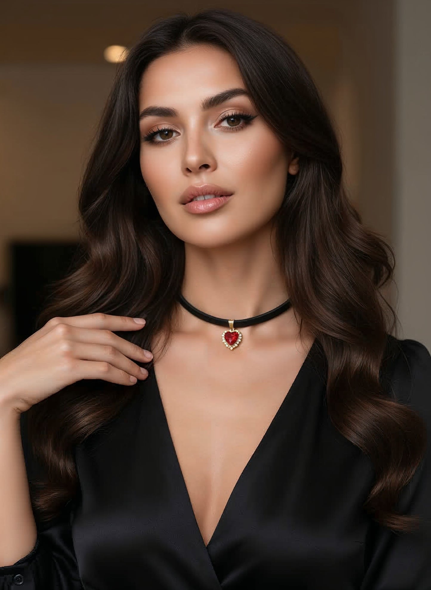 Zwarte leren halsketting met hanger - zilverrood hart met kubieke zirkonia