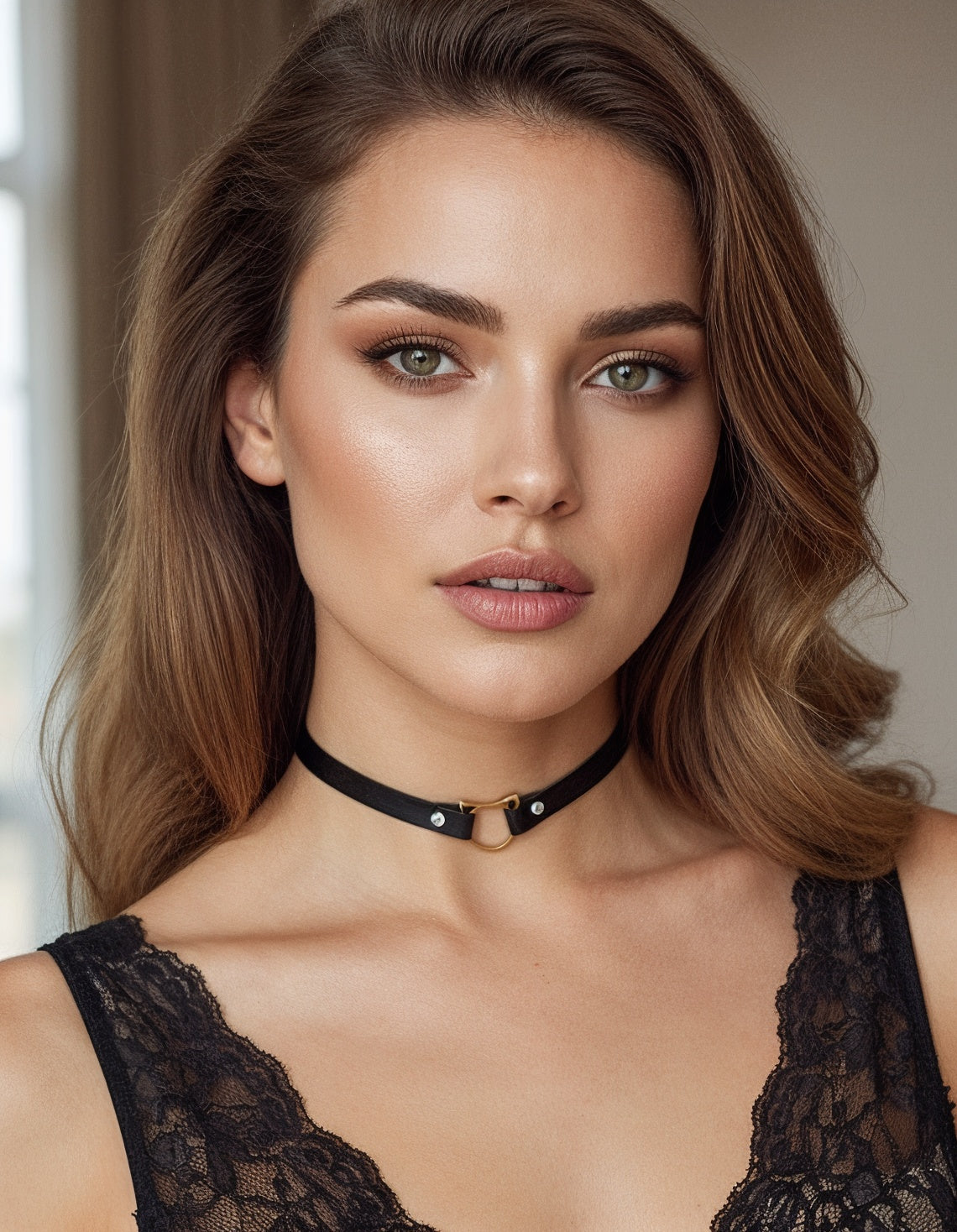 Skórzany Czarny Choker Na Szyję z Cyrkoniami i Kotkiem - Selfish